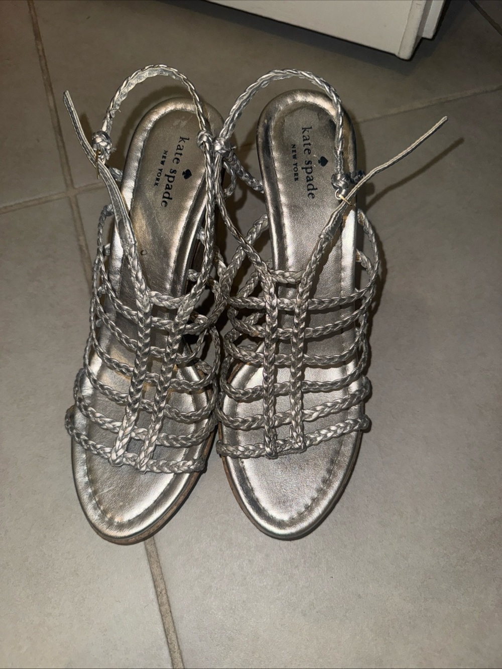 kate spade Braided Metallic Silver Strappy Wedges